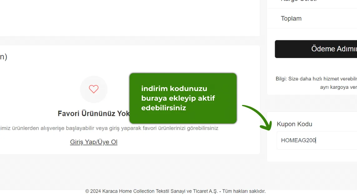 Karaca Home indirim kodu nasıl kullanılır?